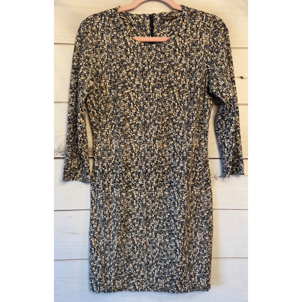 J.McLaughlin Sheath Dress S Neutral Mosaic Tile Print 3/4 Sleeve Nylon Spandex